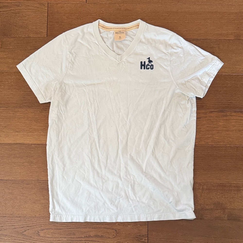 Hollister Men's V-Neck Tee in White with Navy Logo